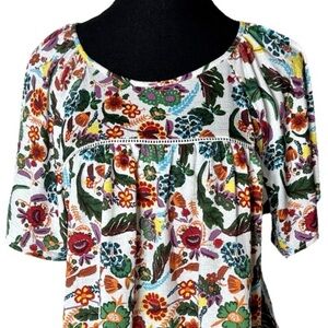 MELLODAY Floral Yoke Trim Short Sleeve Babydoll Top Flowy Size Small